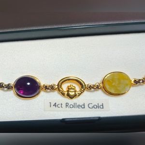 1960s Vintage 14k rolled gold real amethyst Green Connemara Marble bracelet